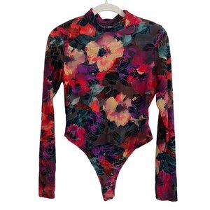 ♥️ Floral Long Sleeve Bodysuit Velvet Fashion Nova Large NWT Thong Going Out Top
